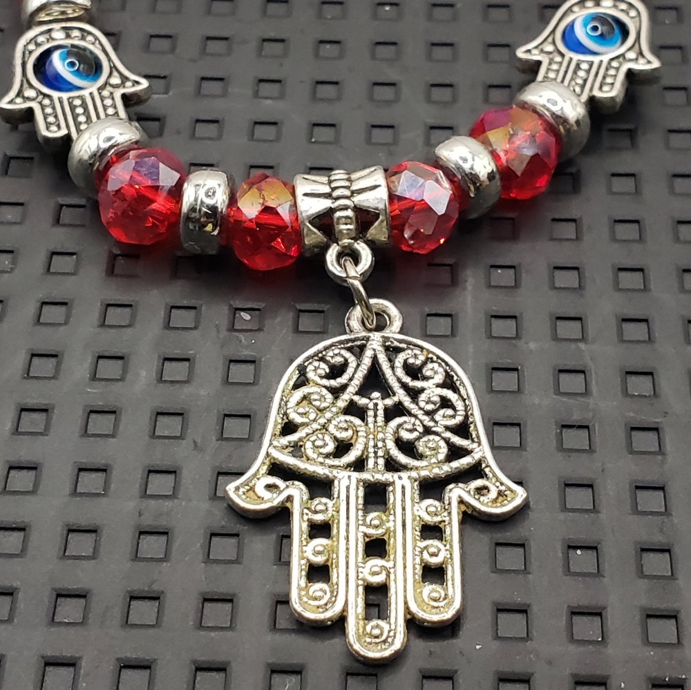 Hamsa Hand Evil Eye Beaded Stretch Bracelet Red Blue Silver - Picture 4 of 8